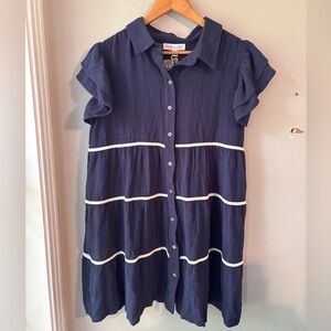 NWT She & Sky Navy White Ruffle Sleeve Dress Large